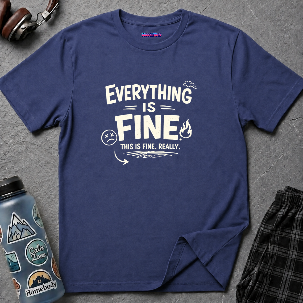 Text "Everything is Fine. This is Fine. Really." with squiggles and doodles of a cloud, fire, knocked-out face.