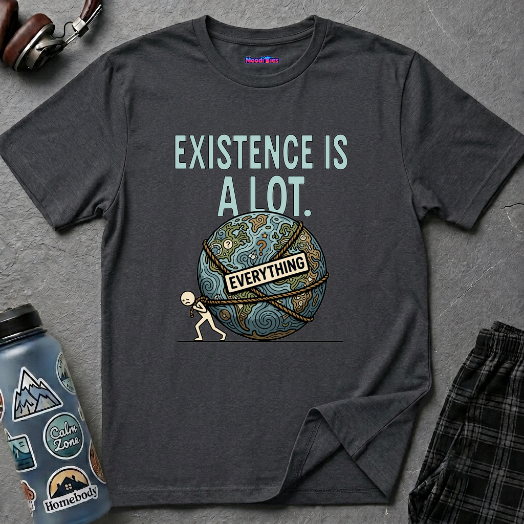 Small figure struggling to drag a giant globe tied with rope labeled EVERYTHING under text EXISTENCE IS A LOT.