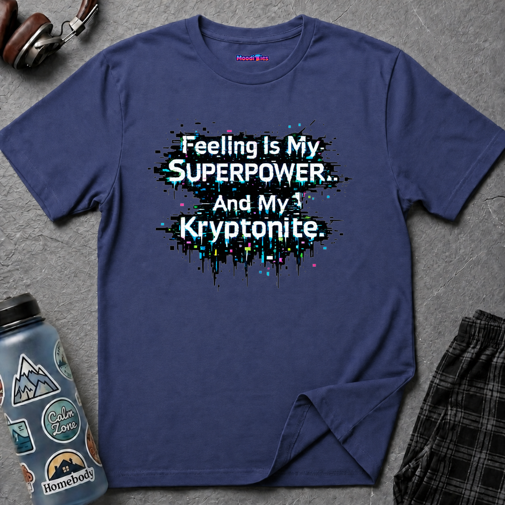 Text "Feeling Is My Superpower and My Kryptonite" in white retro font on pixelated glitch background