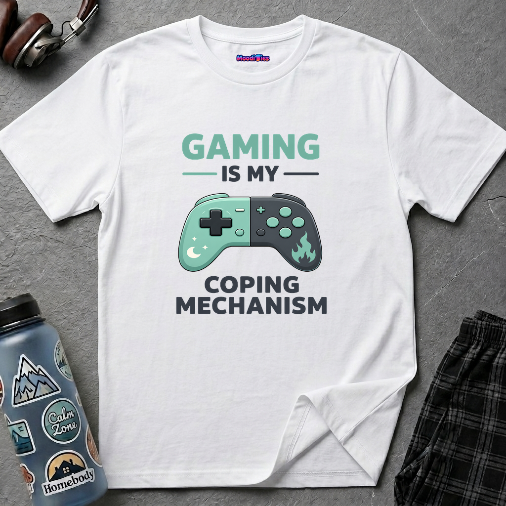 Game controller split into moon and flame designs with the text Gaming Is My Coping Mechanism.