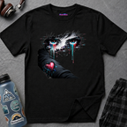 Striking blue eyes crying multicolored pixelated tears over a black sleeve featuring a red broken heart.