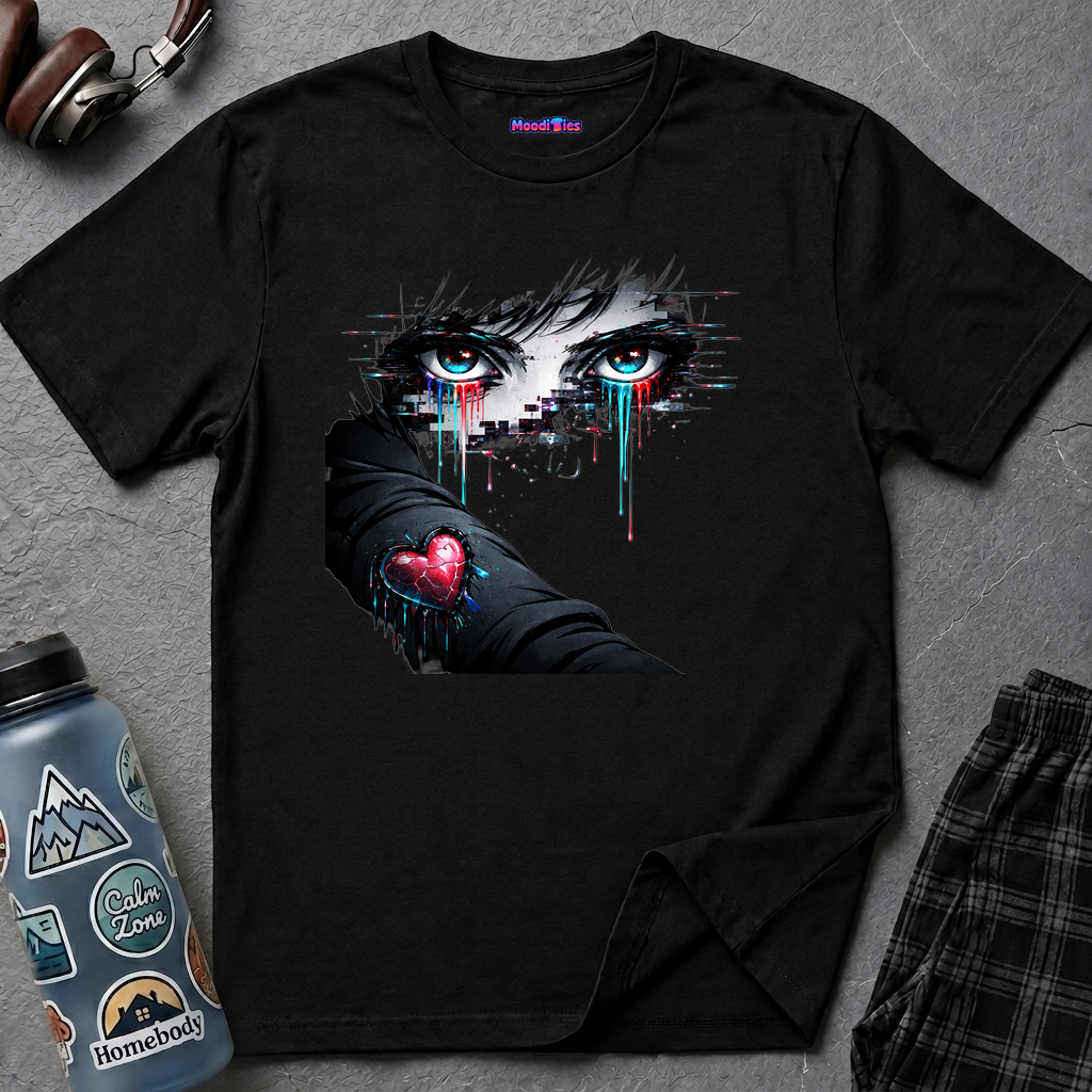 Striking blue eyes crying multicolored pixelated tears over a black sleeve featuring a red broken heart.