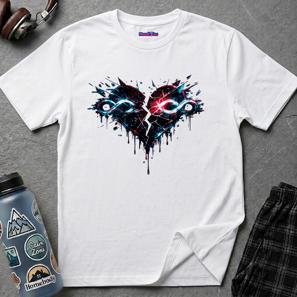 Black heart and double infinity symbol cracked in half and dripping tarlike substance.