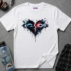 Black heart and double infinity symbol cracked in half and dripping tarlike substance.