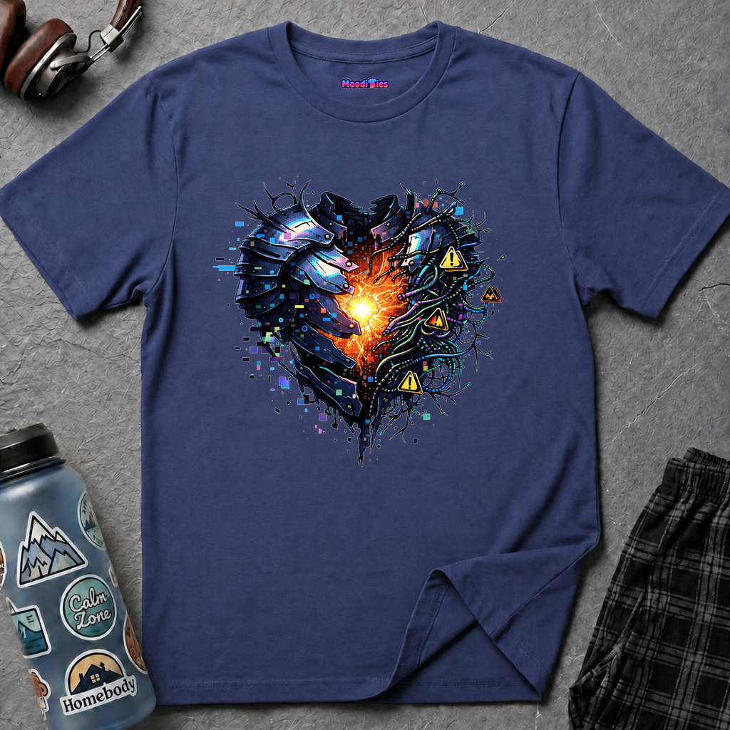 Heart-shaped suit of armor cracked open revealing a glowing core with cables and warning signs that flash alert symbols