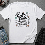 Text "God's Plan (But Like … Can I See The Outline?)" in handwritten font with calendar pages, arrows, and other doodles.