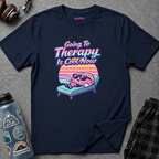 Text "Going to Therapy Is Cool Now," with brain wearing sunglasses relaxing on a lounge chair in front of a retro gradient sunset