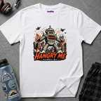 Text "Hangry Me," with rampaging robot destroying the city while fighter planes try to take it out.