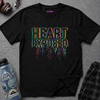 Glitch-style typography with dripping pixel circuitry, small broken-heart icon above the text HEART EXPOSED.