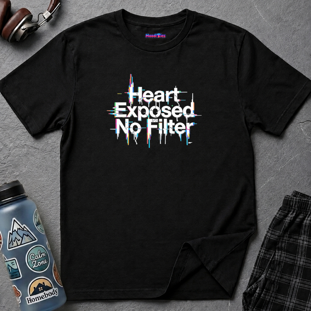 Text "Heart Exposed No Filter" in white pixelated font