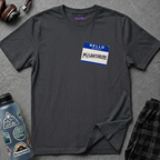 Blue and white name tag graphic with text HELLO my name is MISANTHROPE on gray shirt