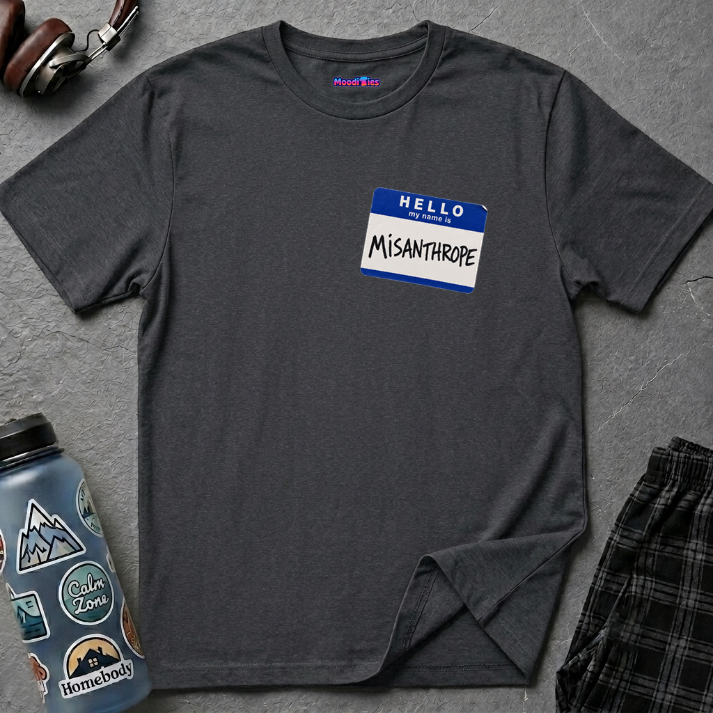Blue and white name tag graphic with text HELLO my name is MISANTHROPE on gray shirt