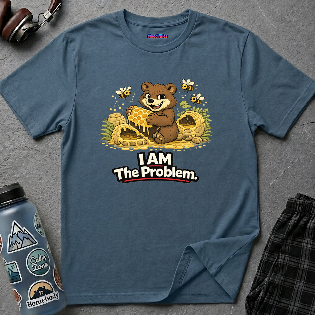 Text "I AM The Problem," smug brown bear eating honey surrounded by smashed beehives and angry bees.