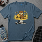 Text "I AM The Problem," smug brown bear eating honey surrounded by smashed beehives and angry bees.