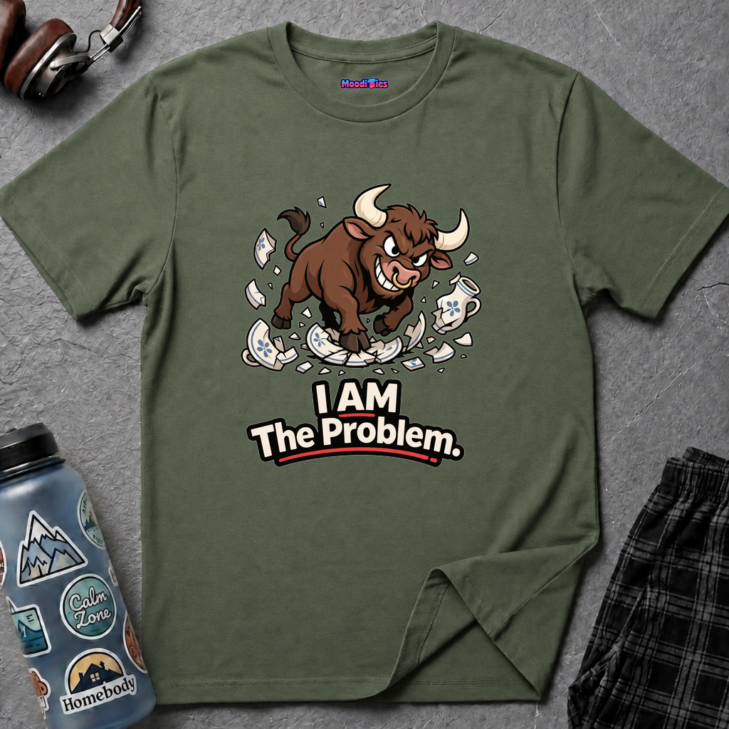 Text "I AM The Problem," rampaging brown bull with ring in its nose surrounded by broken china and pottery.