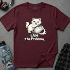 Text "I AM The Problem," smug white cat dumping over a pitcher of cream.
