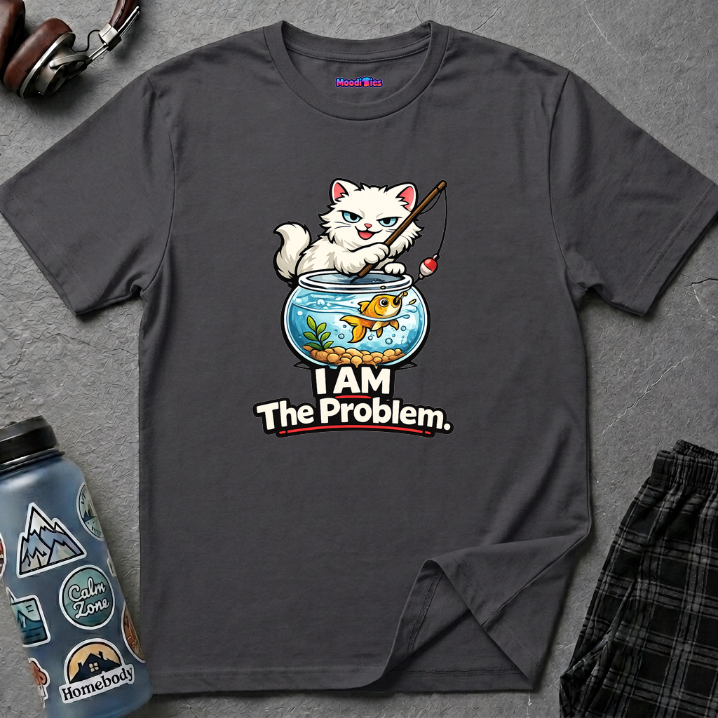 Text "I AM The Problem," smug white cat with a fishing pole over the goldfish bowl and a hooked goldfish.