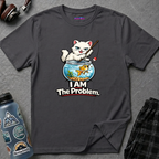 Text "I AM The Problem," smug white cat with a fishing pole over the goldfish bowl and a hooked goldfish.