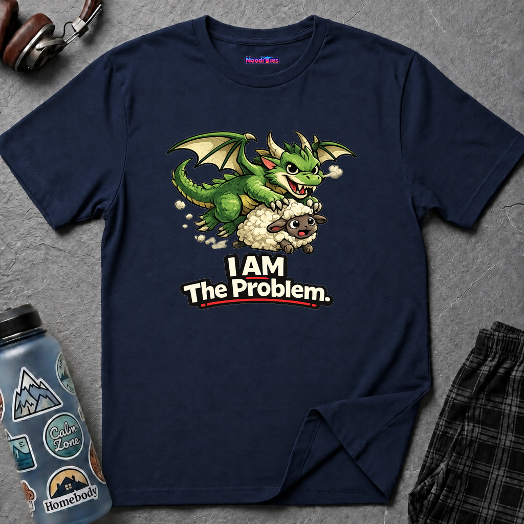 Text "I AM The Problem," naughty baby dragon carrying off a surprised sheep.