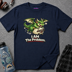 Text "I AM The Problem," naughty baby dragon carrying off a surprised sheep.