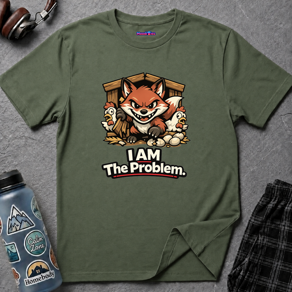 Text "I AM The Problem," wicked grinning fox running amok in the henhouse with frightened chickens and smashed eggs.