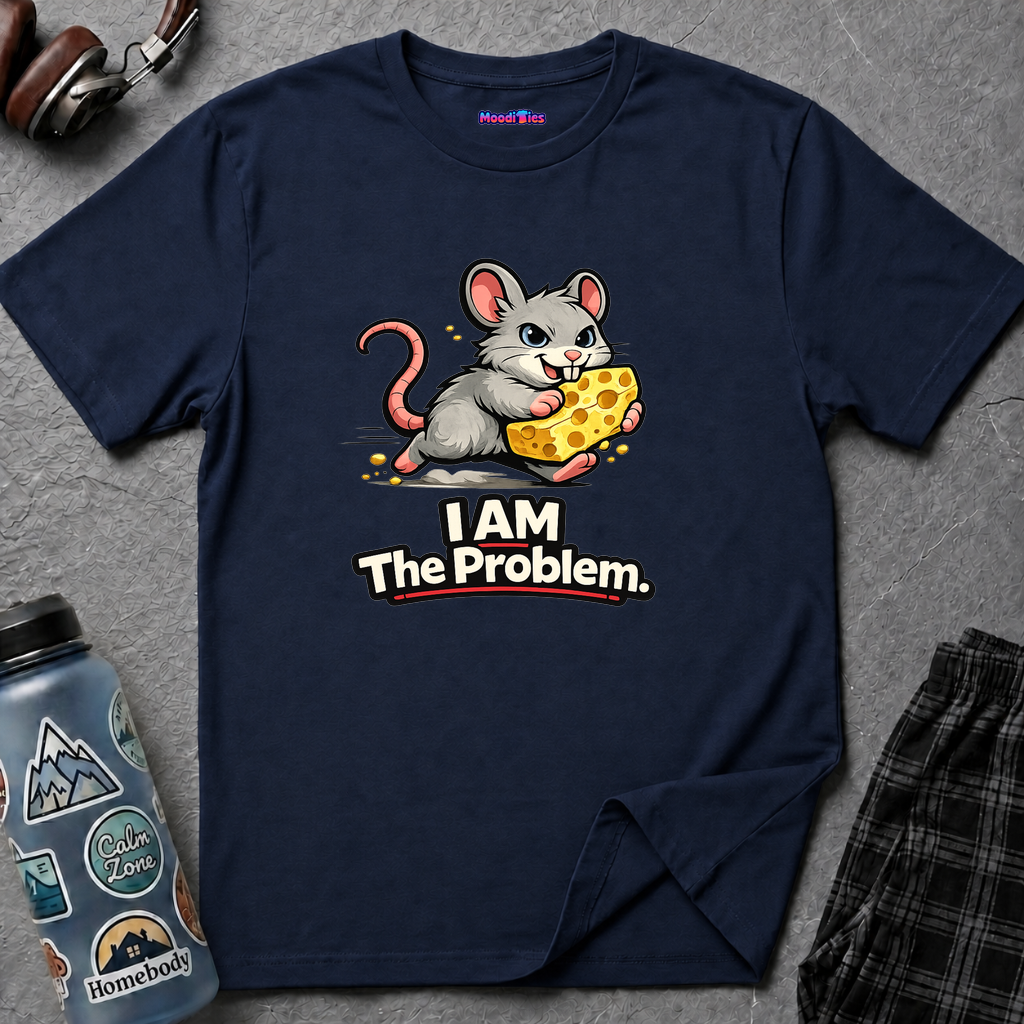 Text "I AM The Problem," snickering gray mouse running off with a large chunk of swiss cheese.