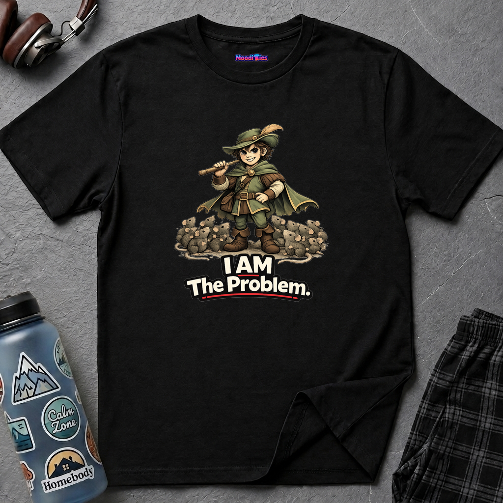 Text "I AM The Problem," wicked grinning Pied Piper striking a pose with his horde of rats.