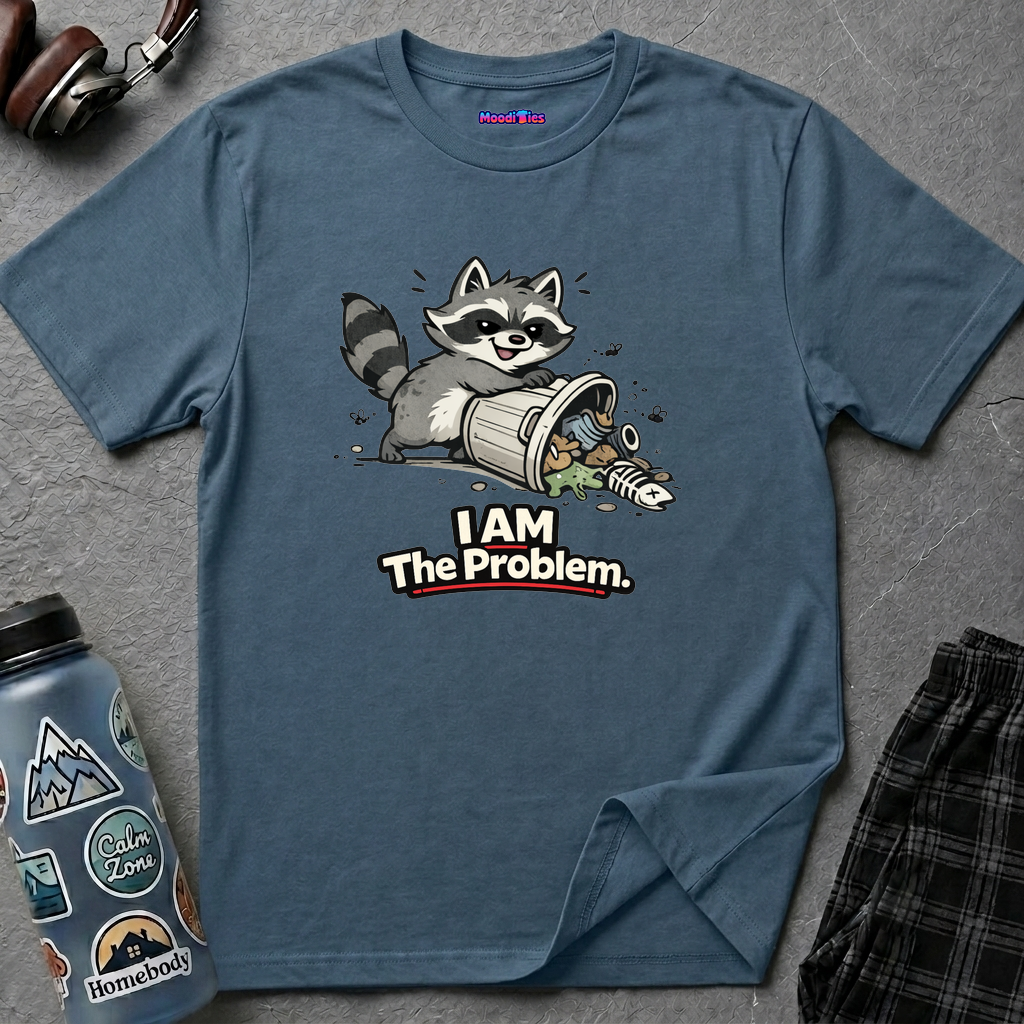 Text "I AM The Problem," raccoon grinning in wicked delight as it knocks over a very messy trash can surrounded by flies.