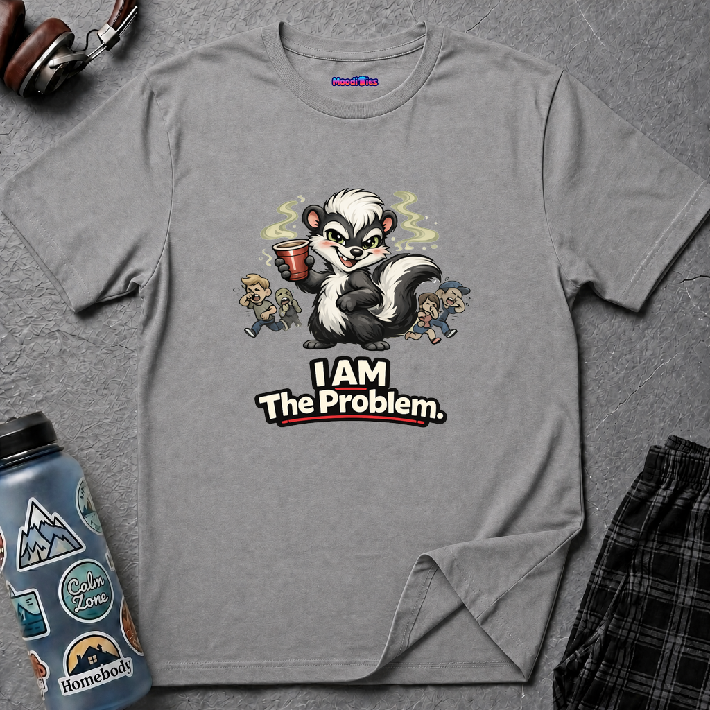 Text "I AM The Problem," wicked grinning skunk holding up red party cup as partygoers run screaming and pinching their noses.