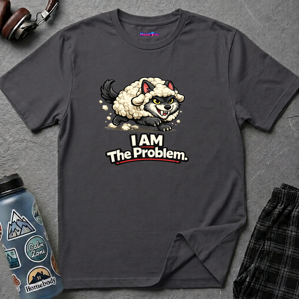 Text "I AM The Problem," with wicked grinning gray wolf wearing a white wool sheep costume stalking its prey.