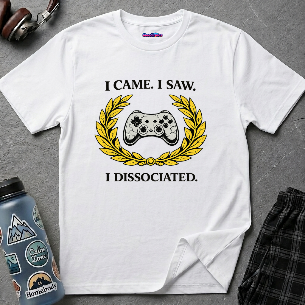 Text "I Came. I Saw. I Dissociated." with golden laurel crown framing a beat-up game controller.