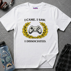 Text "I Came. I Saw. I Dissociated." with golden laurel crown framing a beat-up game controller.