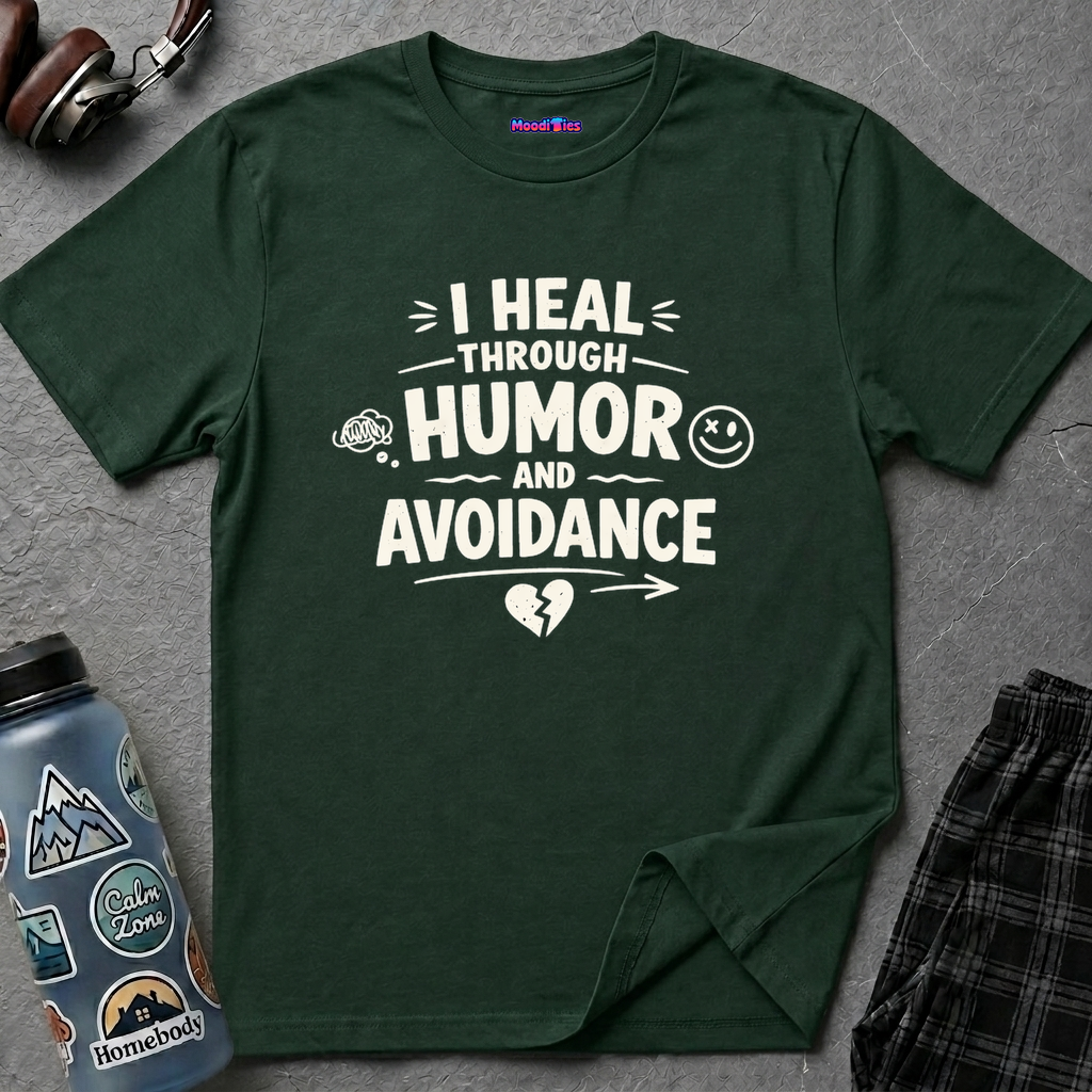 Text "I Heal Through Humor and Avoidance" with broken heart, funny face and other doodles.