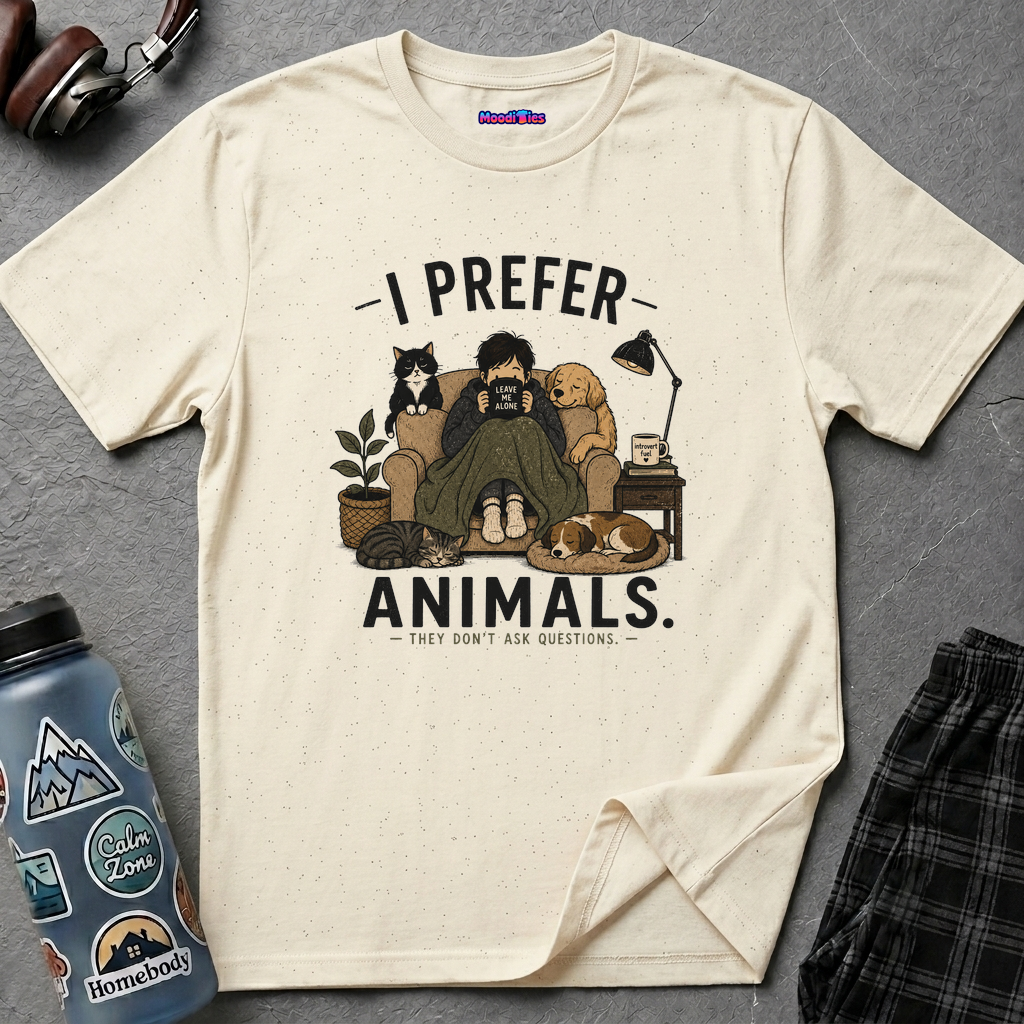 "I Prefer Animals. They Don't Ask Questions." Cozy at Home with Pets T-Shirt