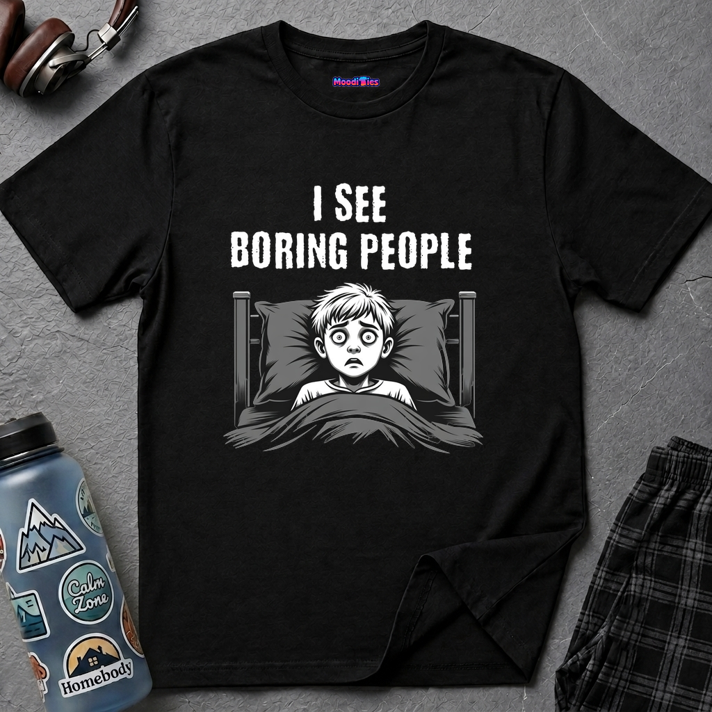 Text "I See Boring People," with terrified boy laying in bed under his blanket.