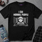 Text "I See Normal People," with terrified boy laying in bed under his blanket.