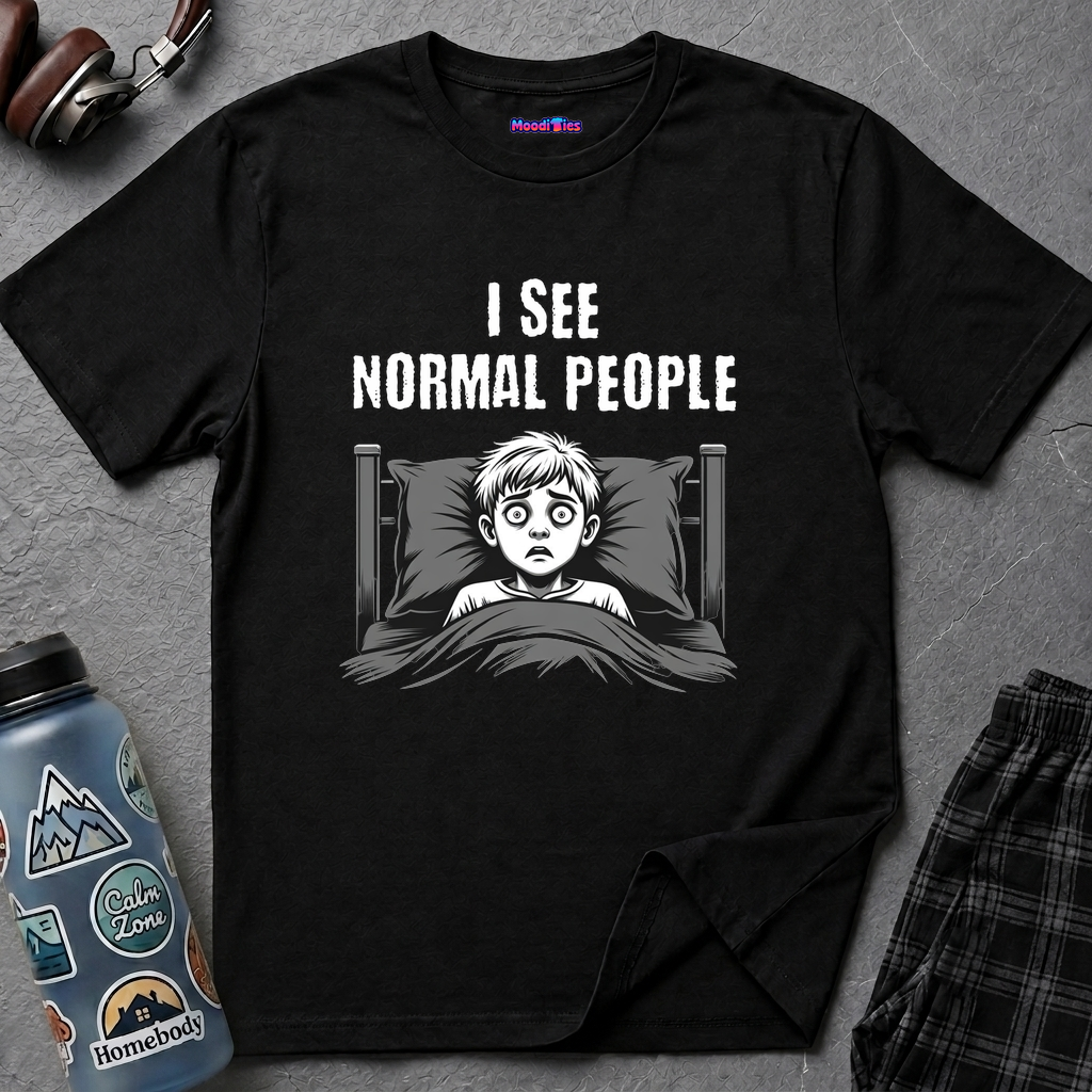 Text "I See Normal People," with terrified boy laying in bed under his blanket.