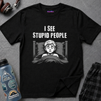 Text "I See Stupid People," with terrified boy laying in bed under his blanket.