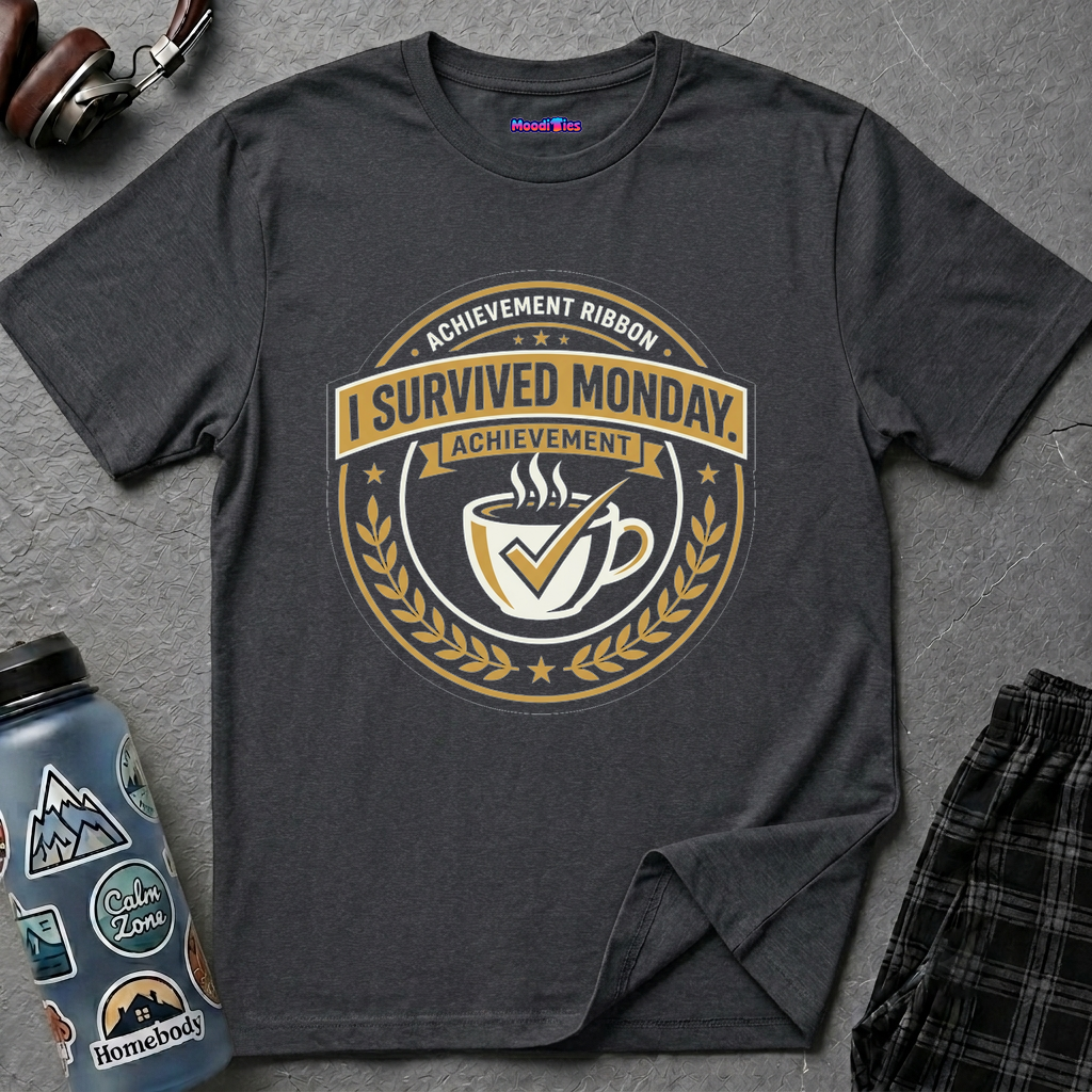 Round achievement ribbon badge with steaming coffee cup, checkmark, and text I Survived Monday ACHIEVEMENT ACHIEVEMENT RIBBON