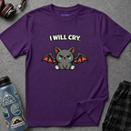 Kawaii baby bat with teary wide eyes and red wings beneath bold text I WILL CRY.