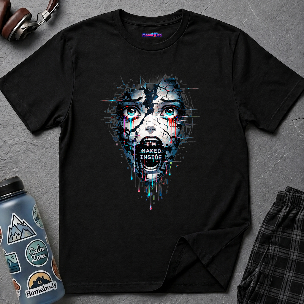 Text "I'm Naked Inside" inside the wide open mouth of an androgynous pale torn face with striking blue eyes crying multicolor tears.