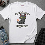 Text "Low Tolerance, High Sass" featuring angry black cartoon cat with green eyes and the tip of its tail on fire.