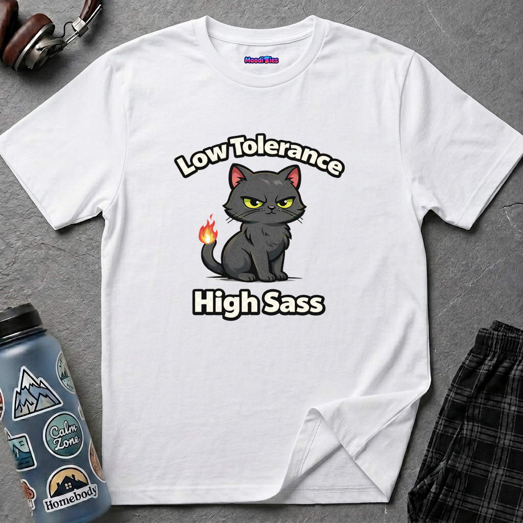 Text "Low Tolerance, High Sass" featuring angry black cartoon cat with green eyes and the tip of its tail on fire.