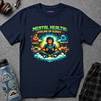 Text "Mental Health: Leveling Up Slowly" featuring smiling gamer sitting on a cloud with headphones and game controller surrounded by energy and emotion graphics.