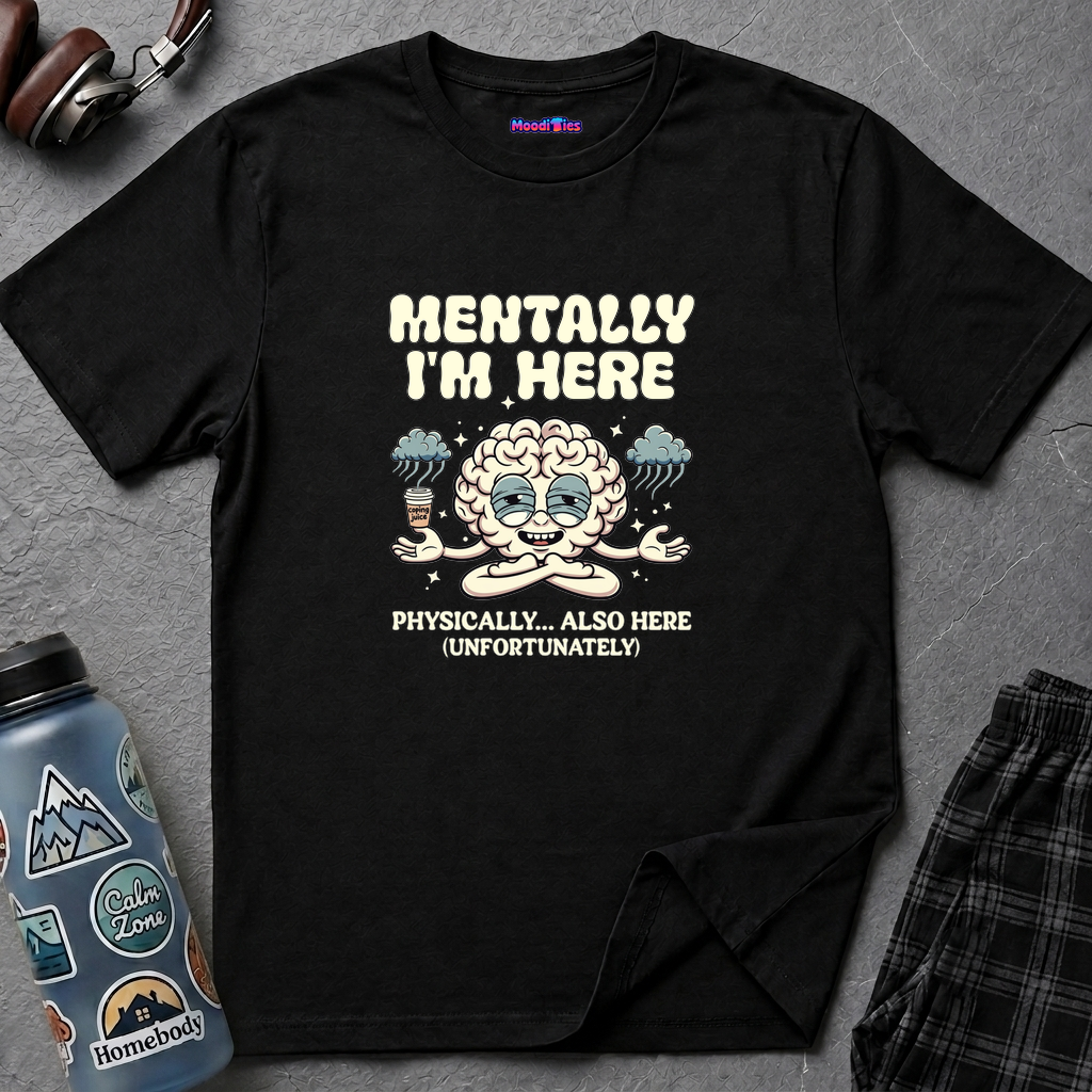 "Mentally I'm Here. Physically … Also Here (Unfortunately)" Exhausted Brain T-Shirt