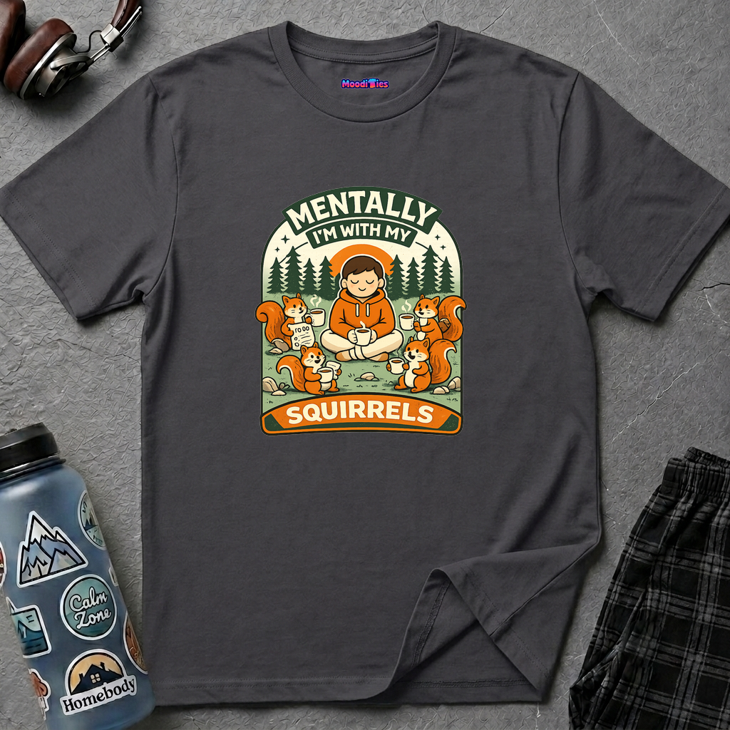 Text "Mentally, I'm With My Squirrels" featuring serene figure sitting indian style with a coffee cup in a meadow with 4 squirrels with coffee cups. 