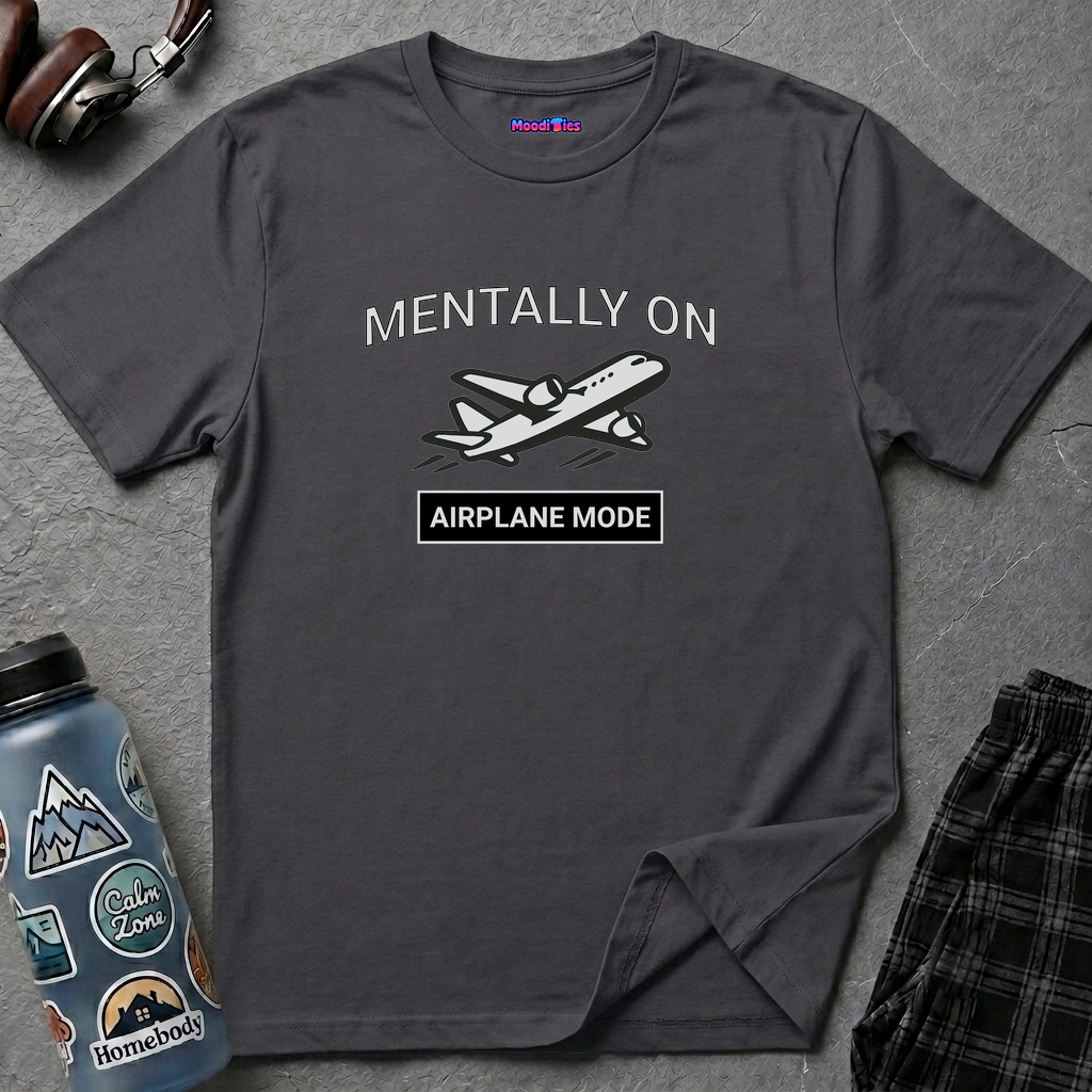 Text “Mentally on Airplane Mode” featuring flying airplane illustration