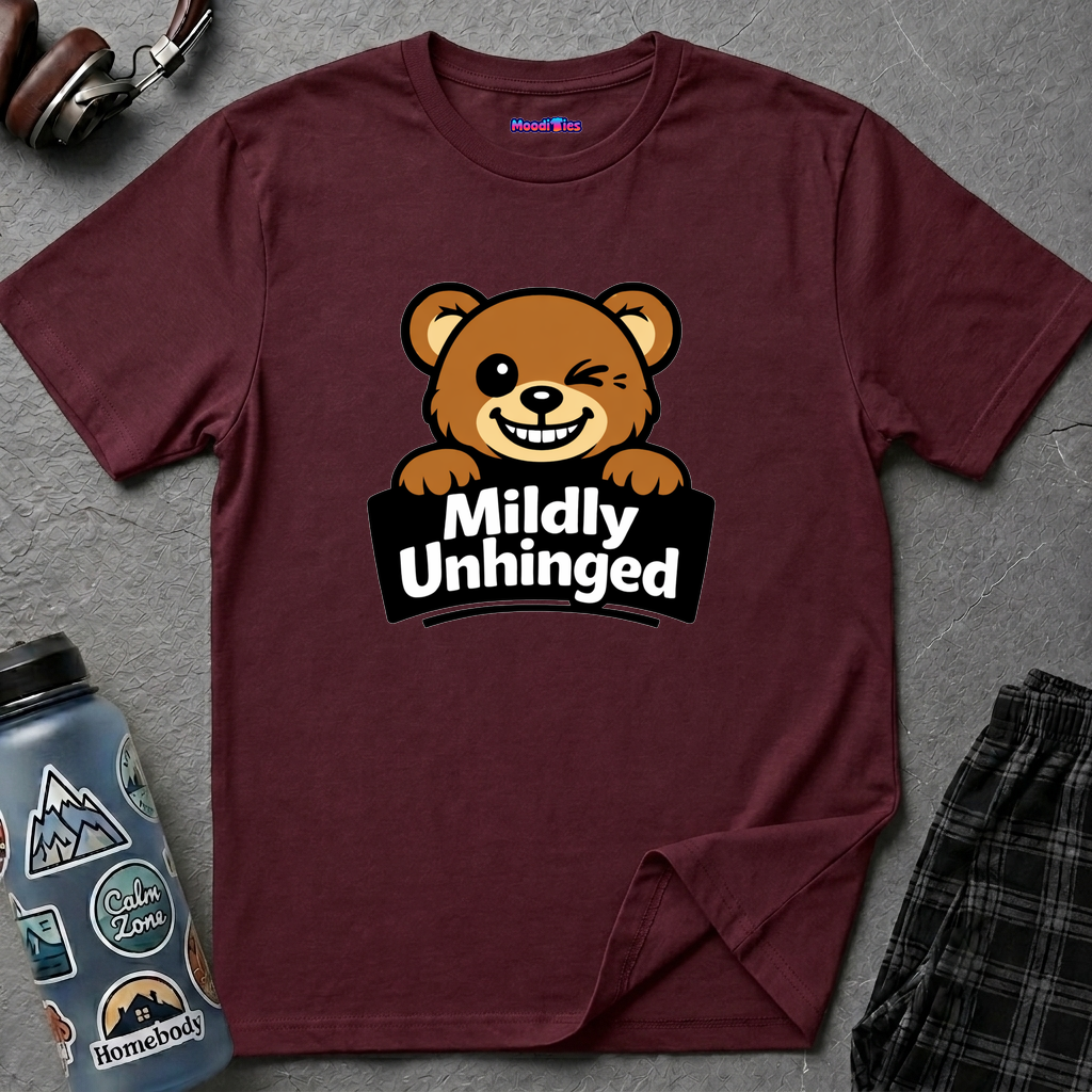 Text "Mildly Unhinged," with grinning and winking brown bear hanging on to the "Mildly Unhinged" sign.
