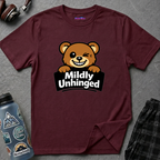 Text "Mildly Unhinged," with grinning and winking brown bear hanging on to the "Mildly Unhinged" sign.