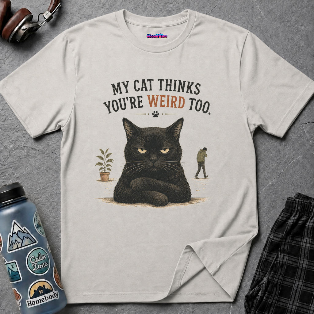 Black grumpy cat with crossed paws looks unimpressed beside person walking away, text My Cat Thinks You're Weird Too.